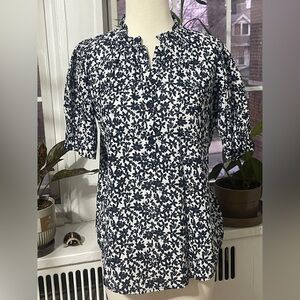 Apiece Apart Navy and White Floral Puff-Sleeve Blouse